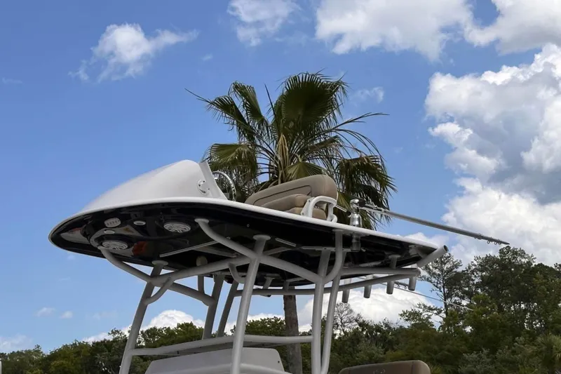 Slide: The Image of 2018 Sportsman Open 252 Center Console boat with palm tree and cloudy sky background. - 2