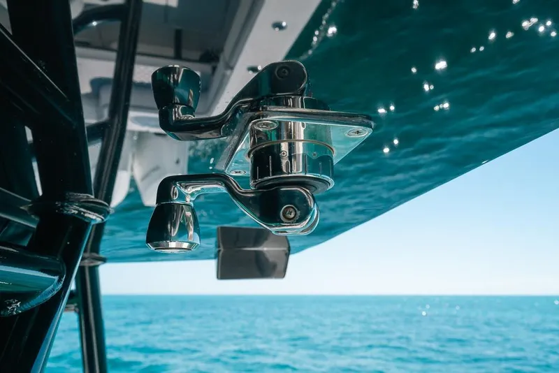 Slide: The Image of Close-up of 2024 SeaHunter 39 Tournament boat hardware against ocean backdrop. - 34