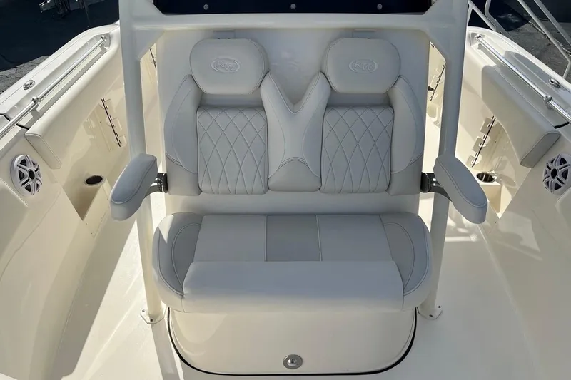 Slide: The Image of Luxurious seating on 2026 Key West 263 FS boat, featuring elegant white upholstery. - 27