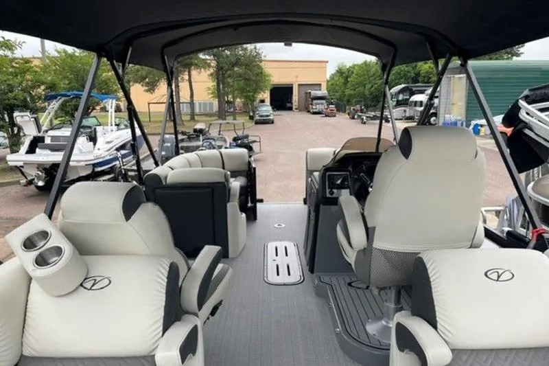 Slide: The Image of 2023 Veranda VP 22RC pontoon boat interior with luxurious seating and modern design. - 3