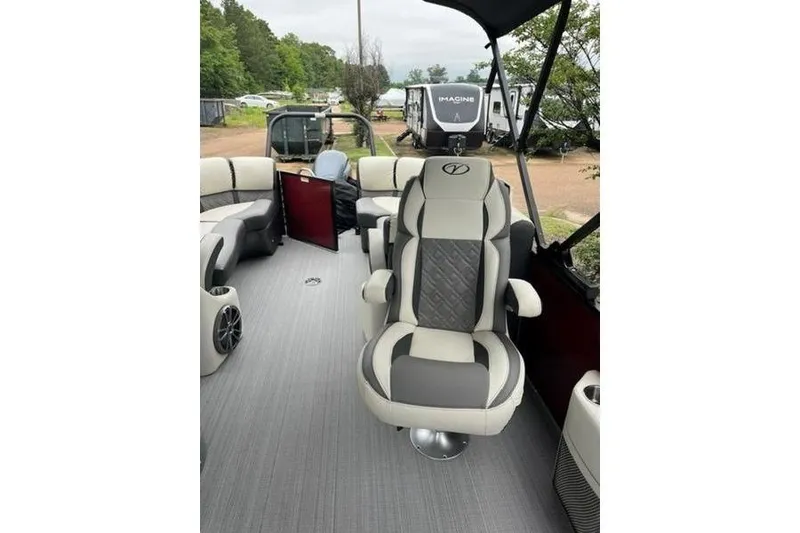 Slide: The Image of 2023 Veranda VP 22RC pontoon boat interior with luxurious seating and modern design. - 5