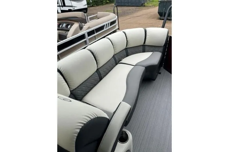 Slide: The Image of 2023 Veranda VP 22RC pontoon boat with luxurious seating and modern design. - 7