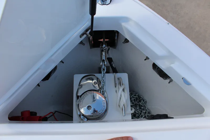 Slide: The Image of Anchor locker of 2026 Cobalt R6 boat with chain and winch system. - 16