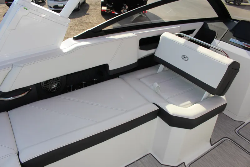 Slide: The Image of 2026 Cobalt R6 boat interior with sleek white seating and modern design. - 91