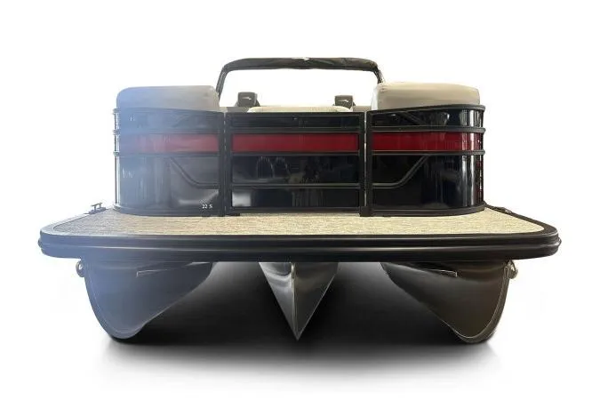 Slide: The Image of 2026 Bennington 22 SSR pontoon boat, rear view, showcasing sleek design and dual pontoons. - 3