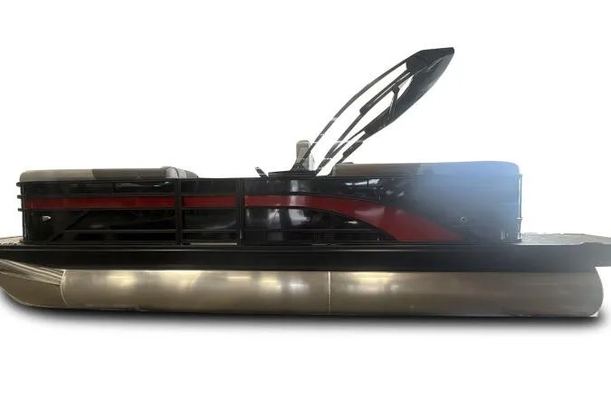 Slide: The Image of 2026 Bennington 22 SSR pontoon boat, sleek design, side view, black and red accents. - 4