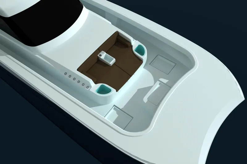 Slide: The Image of 2026 Front Runner 55 Catamaran, sleek design, modern luxury yacht on calm water. - 10