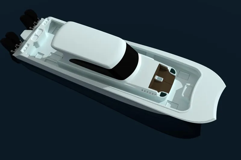 Slide: The Image of 2026 Front Runner 55 Catamaran on water, showcasing sleek design and powerful engines. - 11