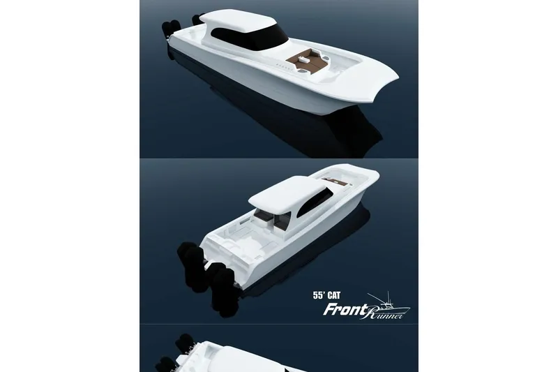 Slide: The Image of 2026 Front Runner 55 Catamaran, top view showcasing sleek design and spacious deck layout. - 13