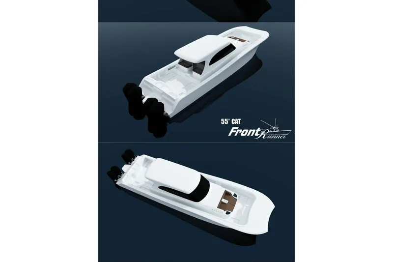 Slide: The Image of Front Runner 55 Catamaran 2026, sleek white design, dual views, on dark water background. - 15