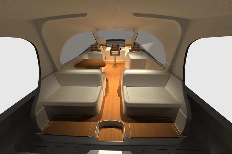 Slide: The Image of Luxurious interior of 2026 Front Runner 55 Catamaran with modern seating and wooden flooring. - 16