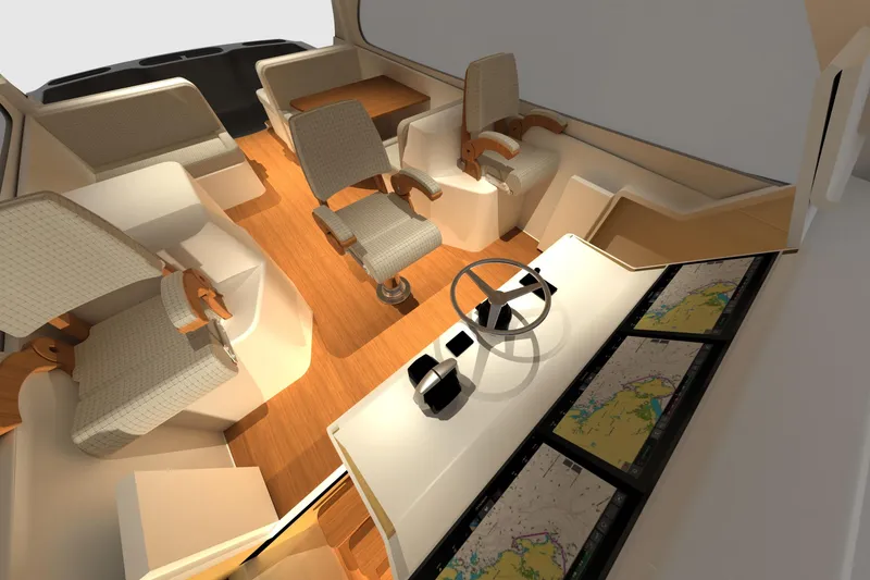 Slide: The Image of Luxurious interior of 2026 Front Runner 55 Catamaran with modern navigation system. - 19