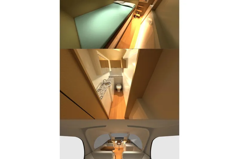 Slide: The Image of Floor plan of 2026 Front Runner 55 Catamaran, showcasing three deck layouts. - 2