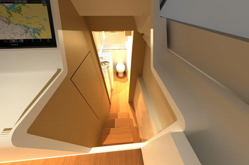 Slide: The Image of Interior view of 2026 Front Runner 55 Catamaran, featuring modern design and wooden flooring. - 20