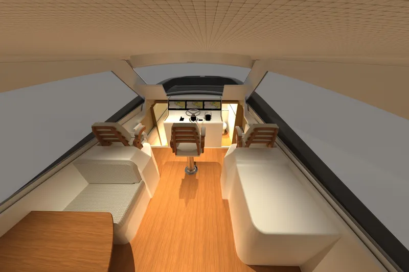 Slide: The Image of Interior of 2026 Front Runner 55 Catamaran, featuring modern helm and seating area. - 21