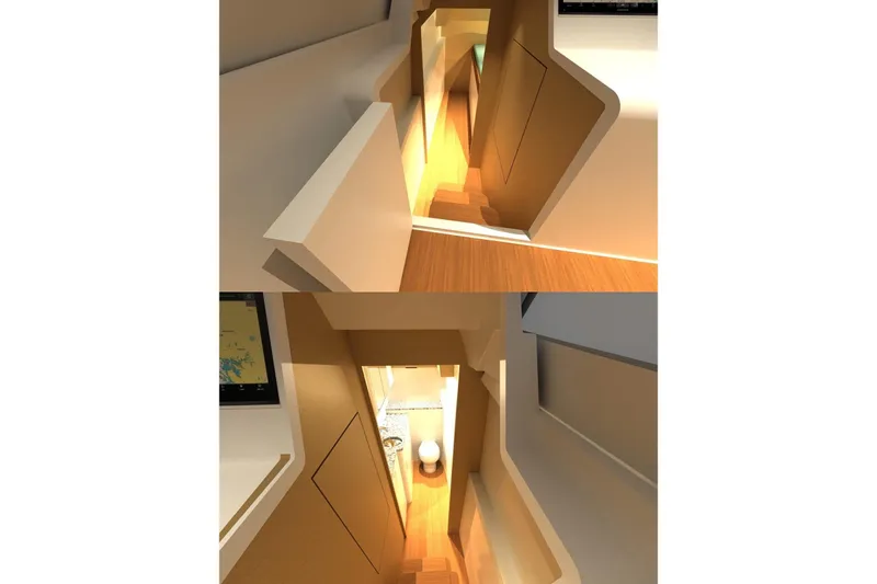 Slide: The Image of Interior view of 2026 Front Runner 55 Catamaran, featuring modern design and navigation screens. - 4