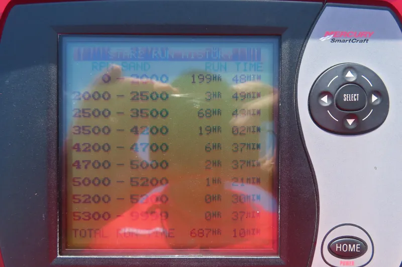 Slide: The Image of Display screen of a 2004 Outerlimits 42 Legacy boat showing RPM and run time data. - 12