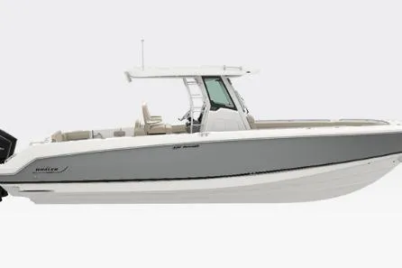 Slide: The Image of 2026 Boston Whaler 330 Outrage boat, sleek design, side view, white and gray color scheme. - 14