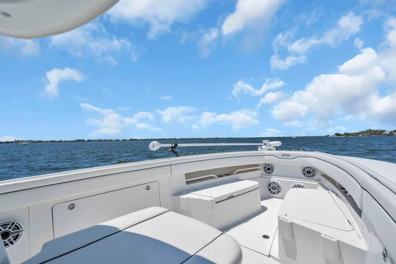 Slide: The Image of 2017 Jupiter 34 FS boat interior with ocean view under blue sky. - 15
