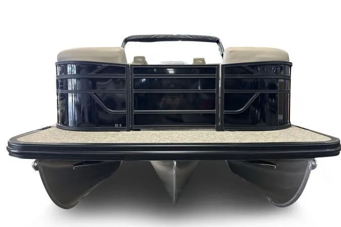 Slide: The Image of 2026 Bennington 22 SSRSE pontoon boat, front view, sleek design, black and beige accents. - 3