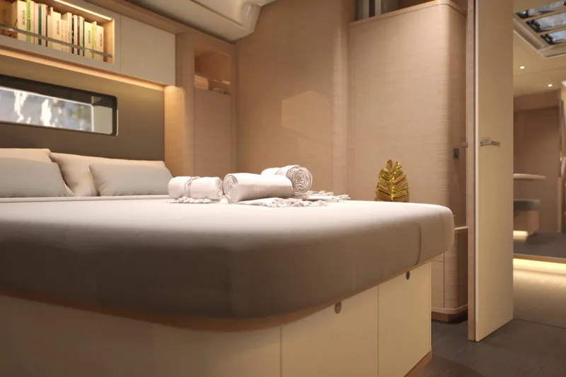 Slide: The Image of Luxurious interior of 2026 Dufour 54 yacht with elegant bedroom design. - 10