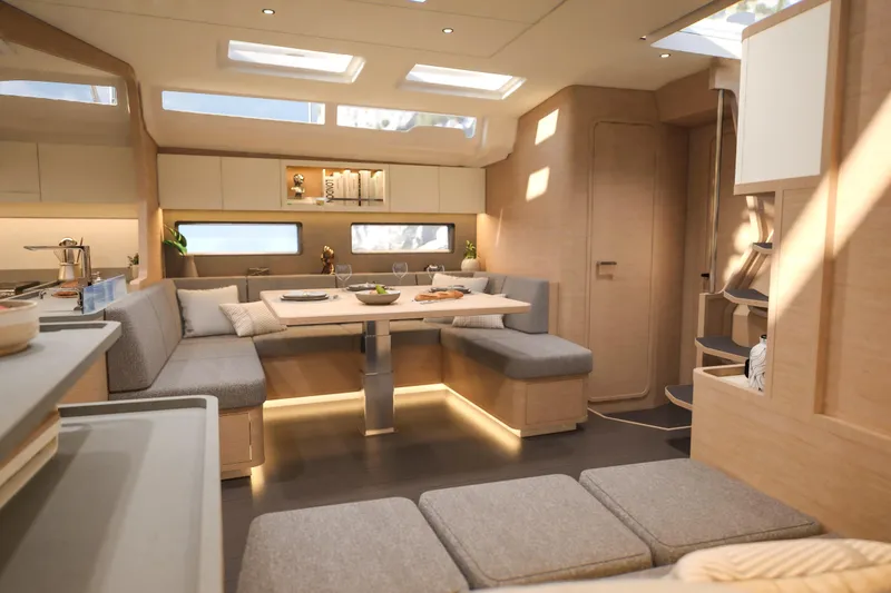 Slide: The Image of Luxurious interior of 2026 Dufour 54 yacht with modern dining area and elegant design. - 30