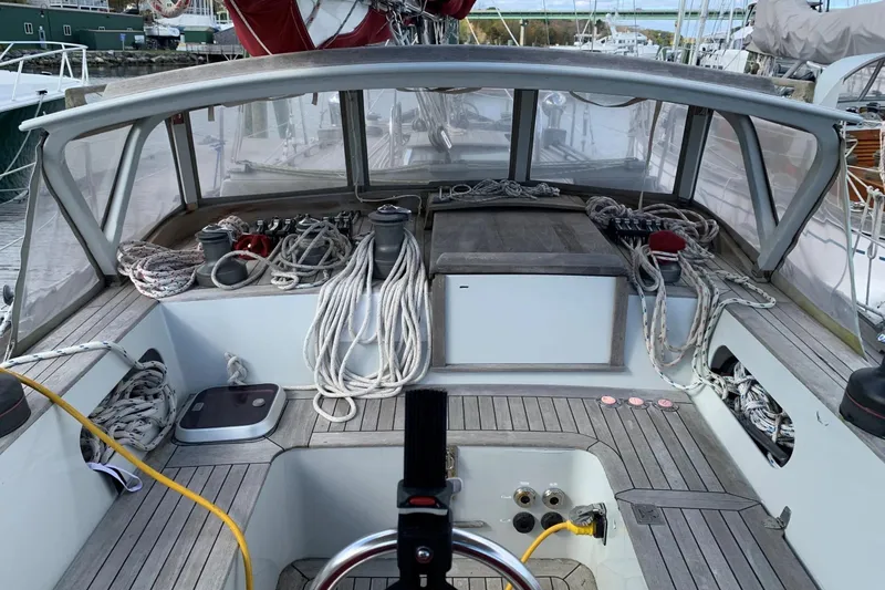 Slide: The Image of Cockpit of 1993 Brooklin Boat Yard Marshall 48 with ropes and winches. - 3
