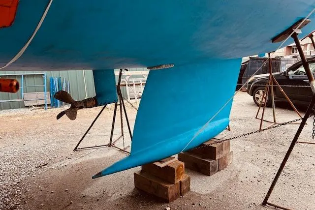 Slide: The Image of Underwater view of 1993 Brooklin Boat Yard Marshall 48 sailboat on stands. - 46