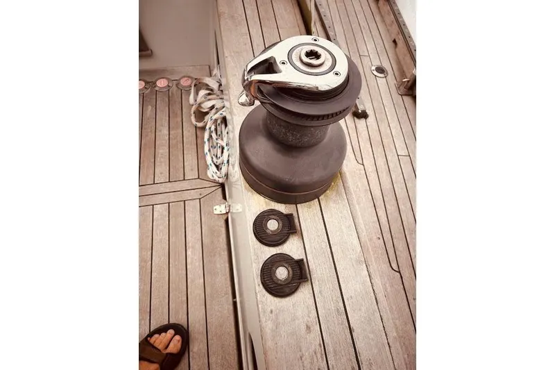 Slide: The Image of Deck of 1993 Brooklin Boat Yard Marshall 48 with winch and rope details. - 60