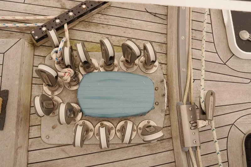 Slide: The Image of Deck of 1993 Brooklin Boat Yard Marshall 48 with winches and ropes. - 65