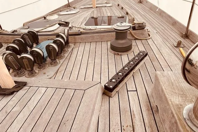 Slide: The Image of Deck of 1993 Brooklin Boat Yard Marshall 48 with winches and wooden finish. - 66