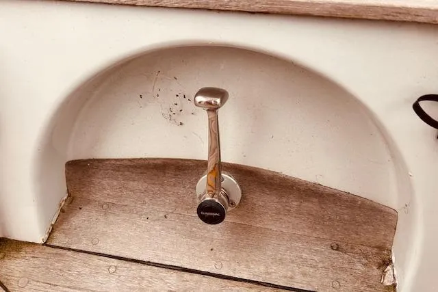 Slide: The Image of Throttle lever on 1993 Brooklin Boat Yard Marshall 48 wooden deck. - 74