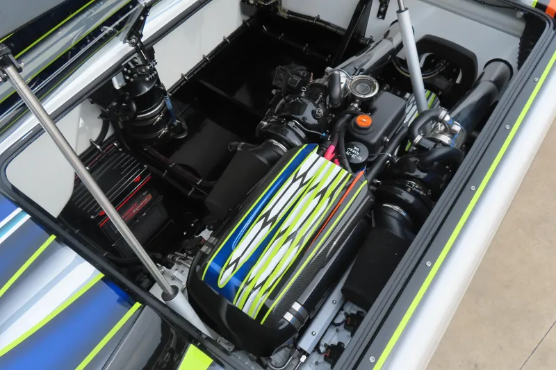 Slide: The Image of 2022 MTI 48 boat engine compartment with vibrant design and advanced components. - 19