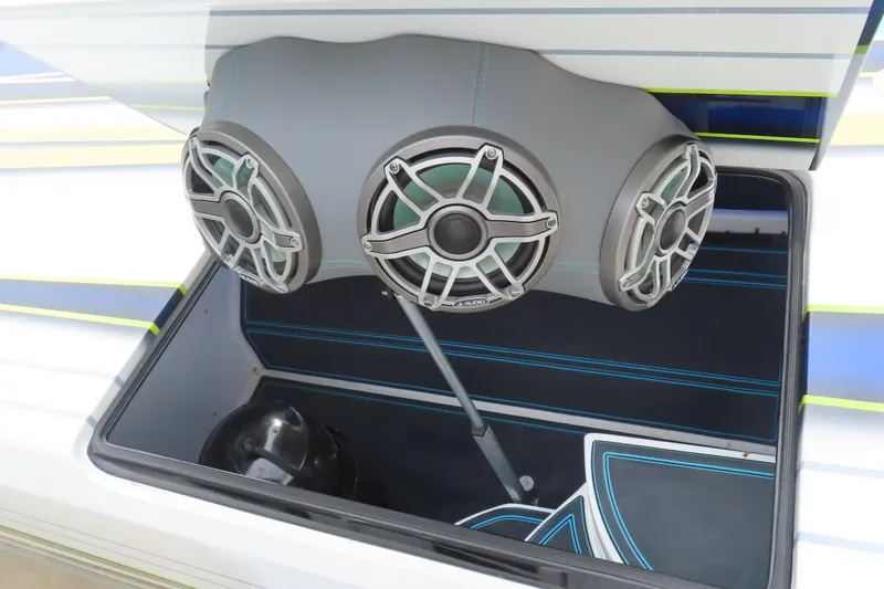 Slide: The Image of 2022 MTI 48 boat with custom audio system and sleek interior design. - 24