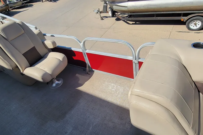 Slide: The Image of 2019 Sun Tracker Party Barge 24 DLX interior with spacious seating and modern design. - 15