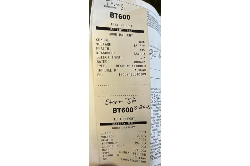 Slide: The Image of Battery test report showing charge, voltage, health, and CCA for Lowe Stinger 175C, 2019. - 28