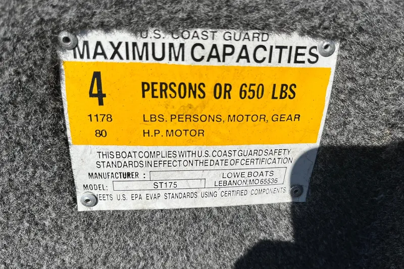 Slide: The Image of 2019 Lowe Stinger 175C capacity plate: 4 persons or 650 lbs, 80 HP motor. - 29