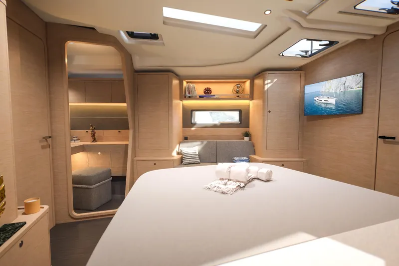 Slide: The Image of Luxurious interior of 2026 Dufour 54 yacht with modern furnishings and elegant design. - 19