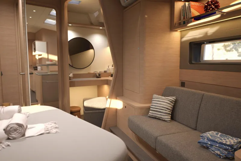 Slide: The Image of Luxurious interior of 2026 Dufour 54 yacht with modern design and cozy seating. - 9