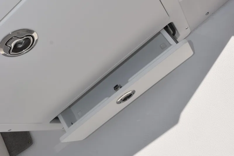 Slide: The Image of Storage compartment on 2026 Sea Hunt Ultra 275 SE boat, featuring sleek design and metallic handle. - 25