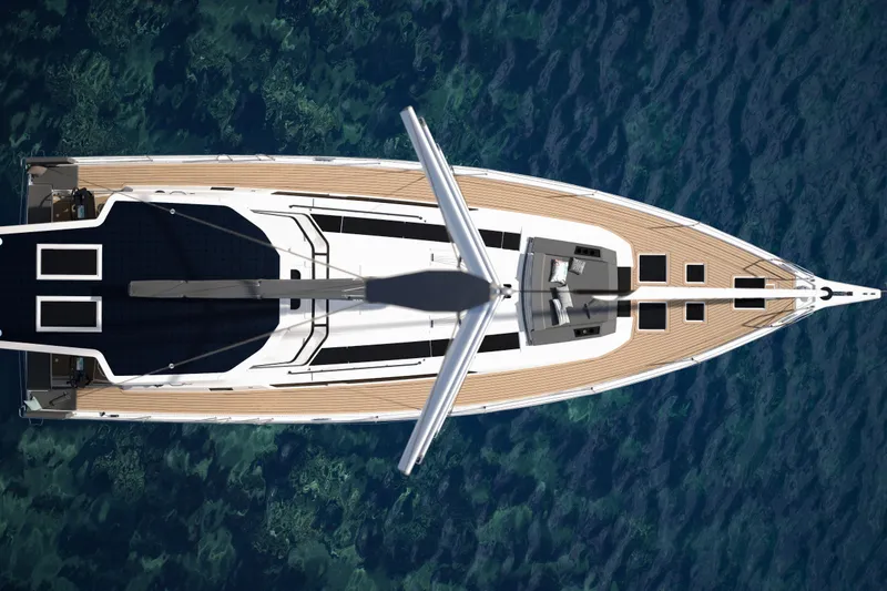 Slide: The Image of Top view of 2026 Dufour 54 yacht on clear blue water. - 4