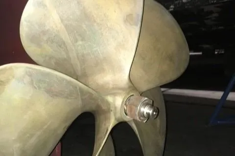 Slide: The Image of Propeller of 2003 Legacy Yachts 34 Express, close-up view in dry dock. - 45