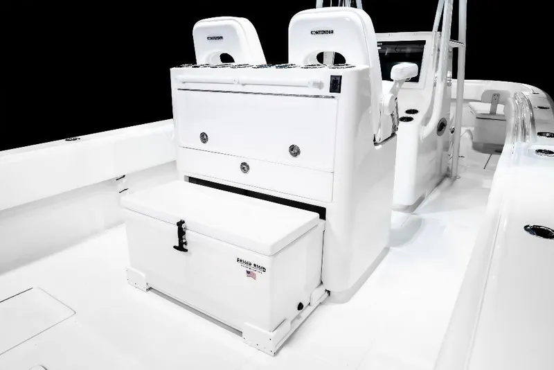 Slide: The Image of 2026 Contender 35 ST boat interior with seating and storage compartments. - 11