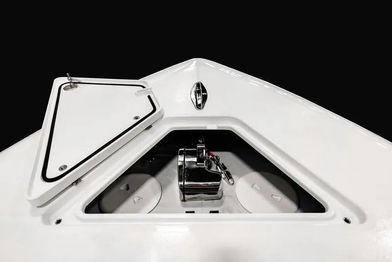 Slide: The Image of 2026 Contender 35 ST boat seat with storage drawer, featuring gray and white upholstery. - 13