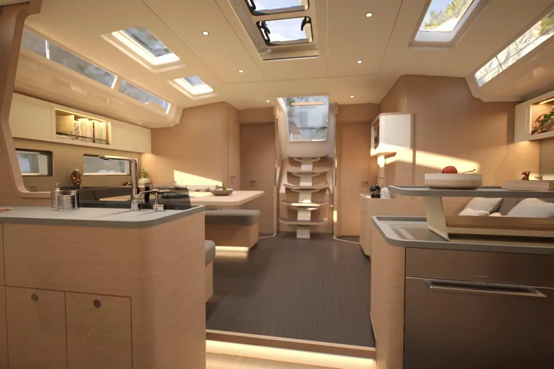 Slide: The Image of Luxurious interior of 2026 Dufour 54 yacht with modern design and ample natural light. - 14