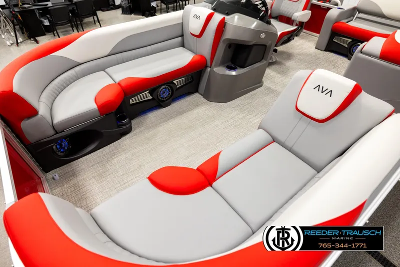 Slide: The Image of Luxurious 2026 Avalon LSZ VRB boat interior with red and gray seating, featuring modern design. - 10