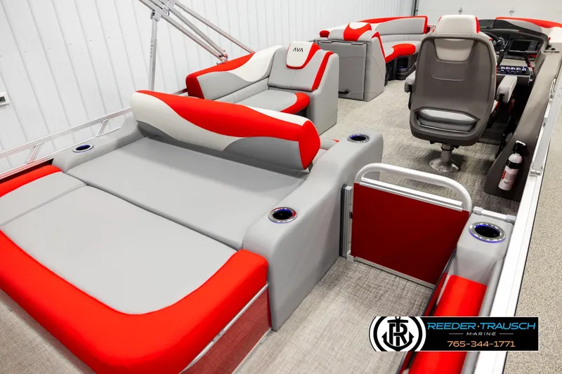 Slide: The Image of 2026 Avalon LSZ VRB pontoon boat interior with red and gray seating, modern design. - 12