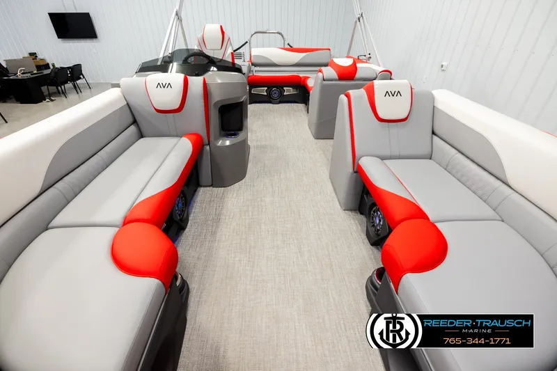 Slide: The Image of Interior of 2026 Avalon LSZ VRB pontoon boat with modern seating and design. - 13
