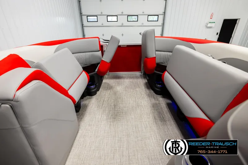 Slide: The Image of Luxurious interior of 2026 Avalon LSZ VRB boat with red and gray seating. - 19