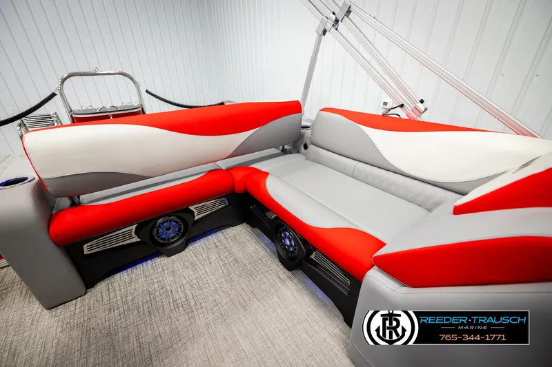 Slide: The Image of Luxurious 2026 Avalon LSZ VRB boat interior with red and gray seating, featuring modern design. - 20